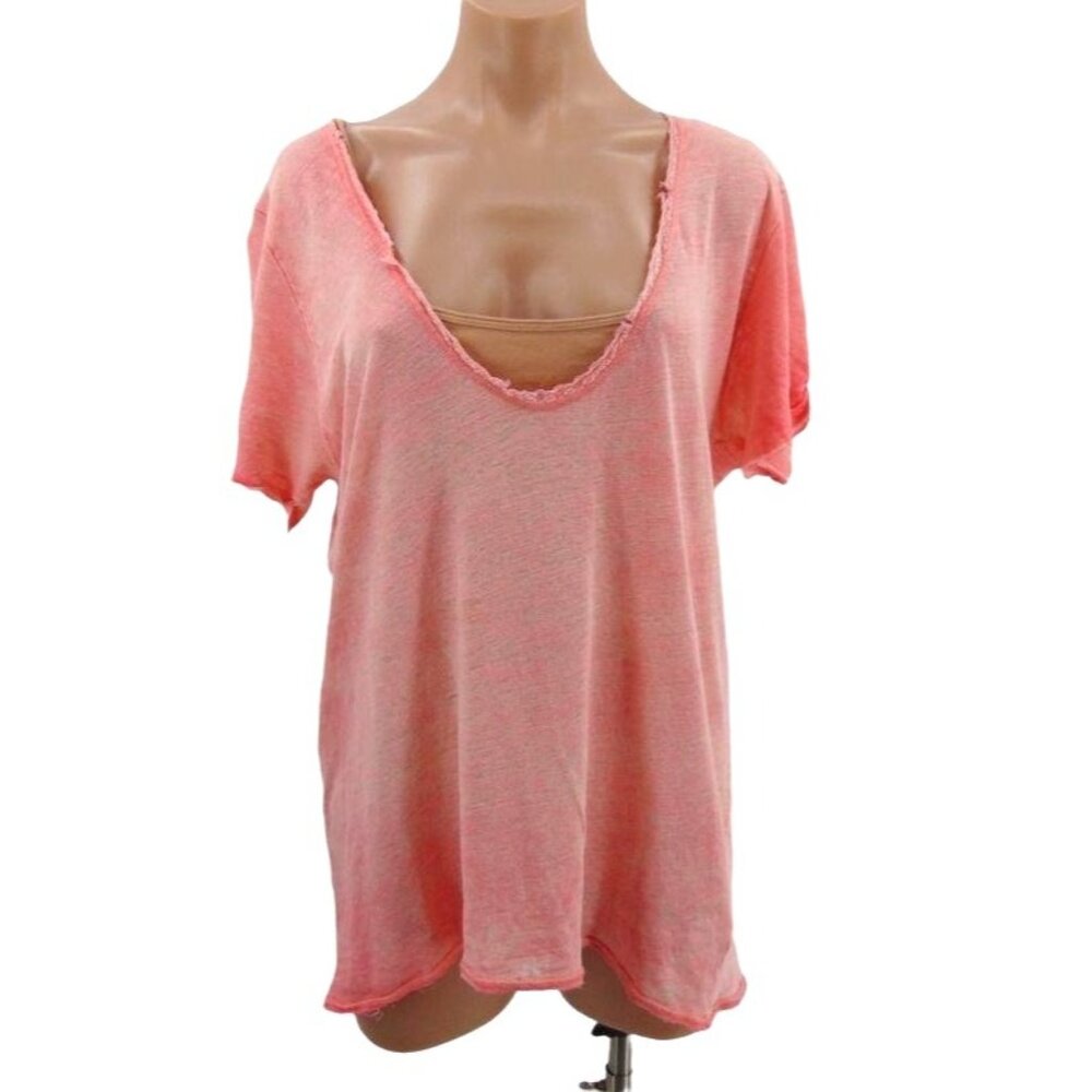 We the Free Saturday Lace Trim Tee Shirt L Coral Orange Deep U Neckline Linen Bl
